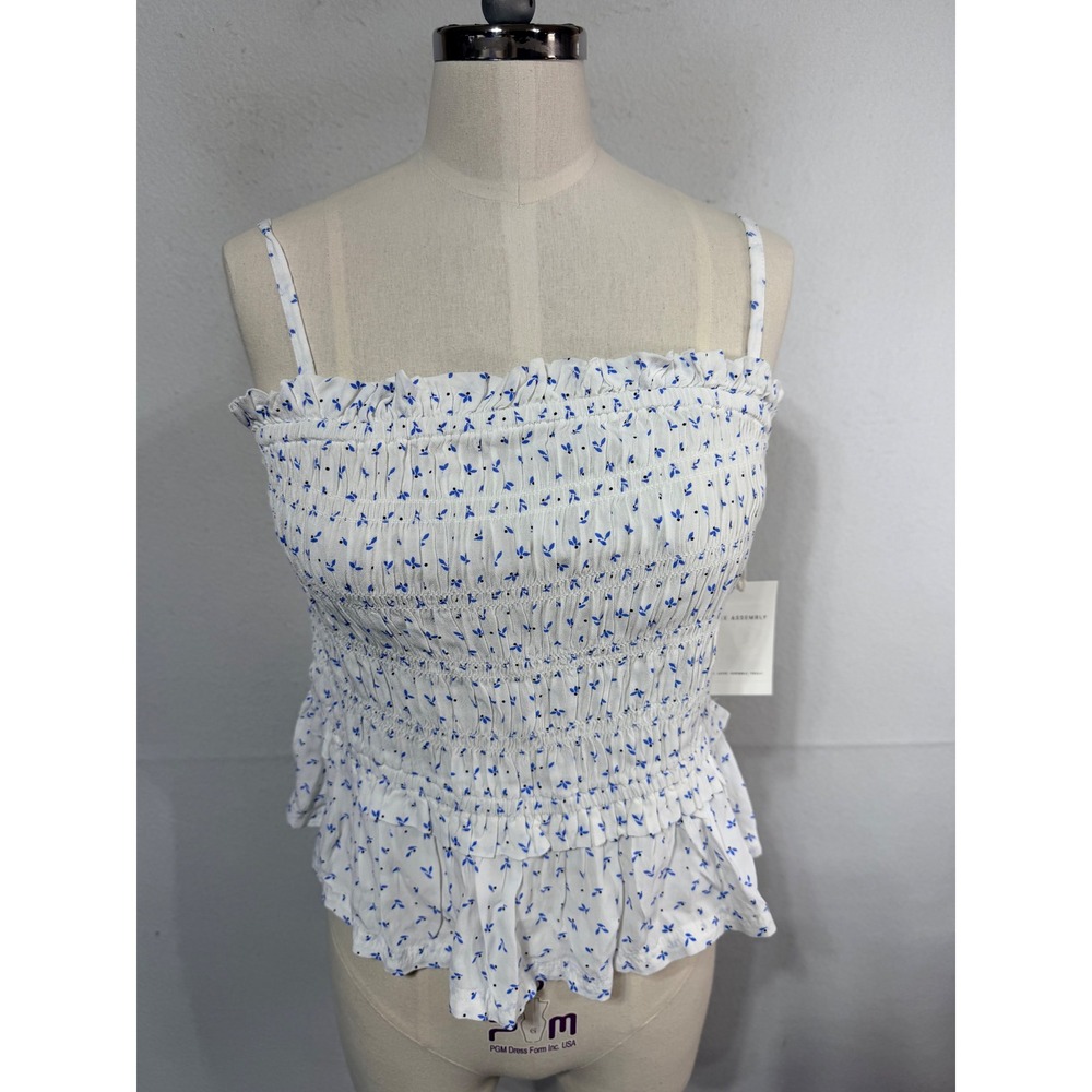 Free Assembly Smocked Peplum Top Womens Size M Blue Print Cottagecore Floral New
